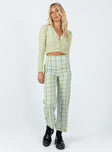 front view of model wearing Princess Polly Euros Pants Light Green Check 