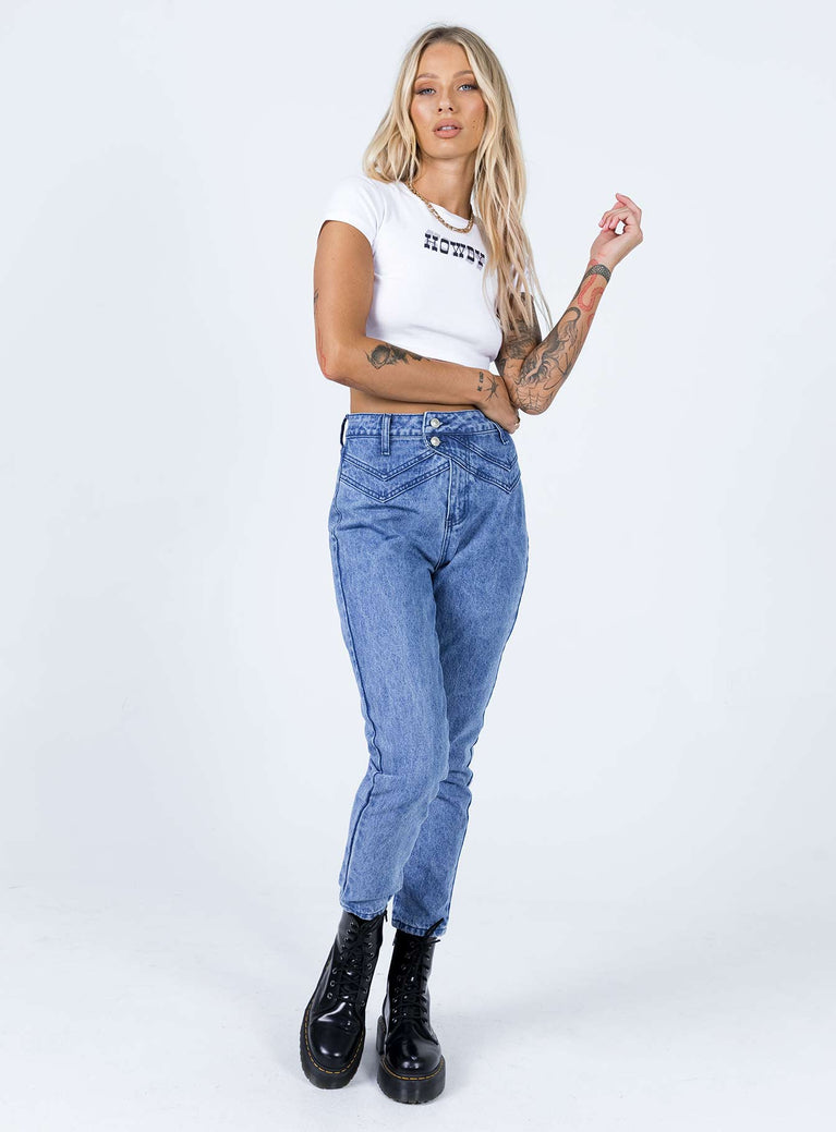 front view of model wearing Princess Polly Vernazza Yolk Detail Denim Jeans High Waisted 