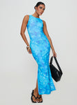 front view of model wearing Princess Polly Heartstring Maxi Dress Blue Crew Neck 