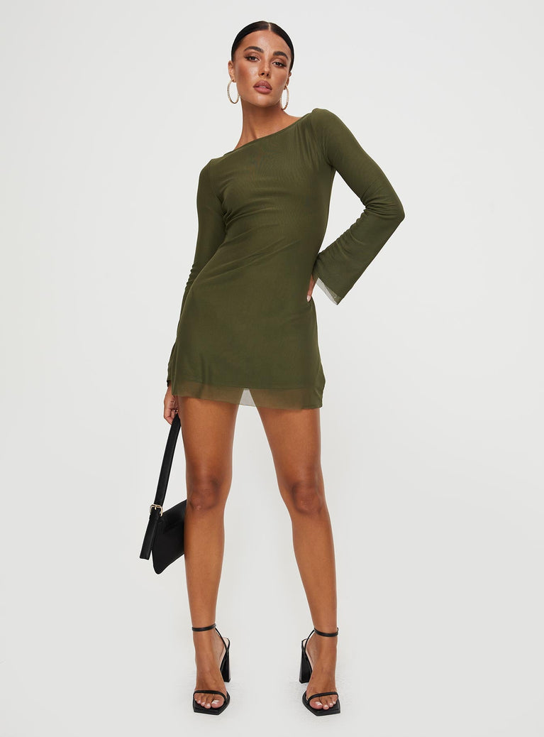 Front view of model wearing  front Princess Polly High Neck  Lukea Long Sleeve Mini Dress Olive Mesh