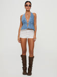 front view of model wearing Princess Polly Sequoia Top Denim Sleeveless Plunger 