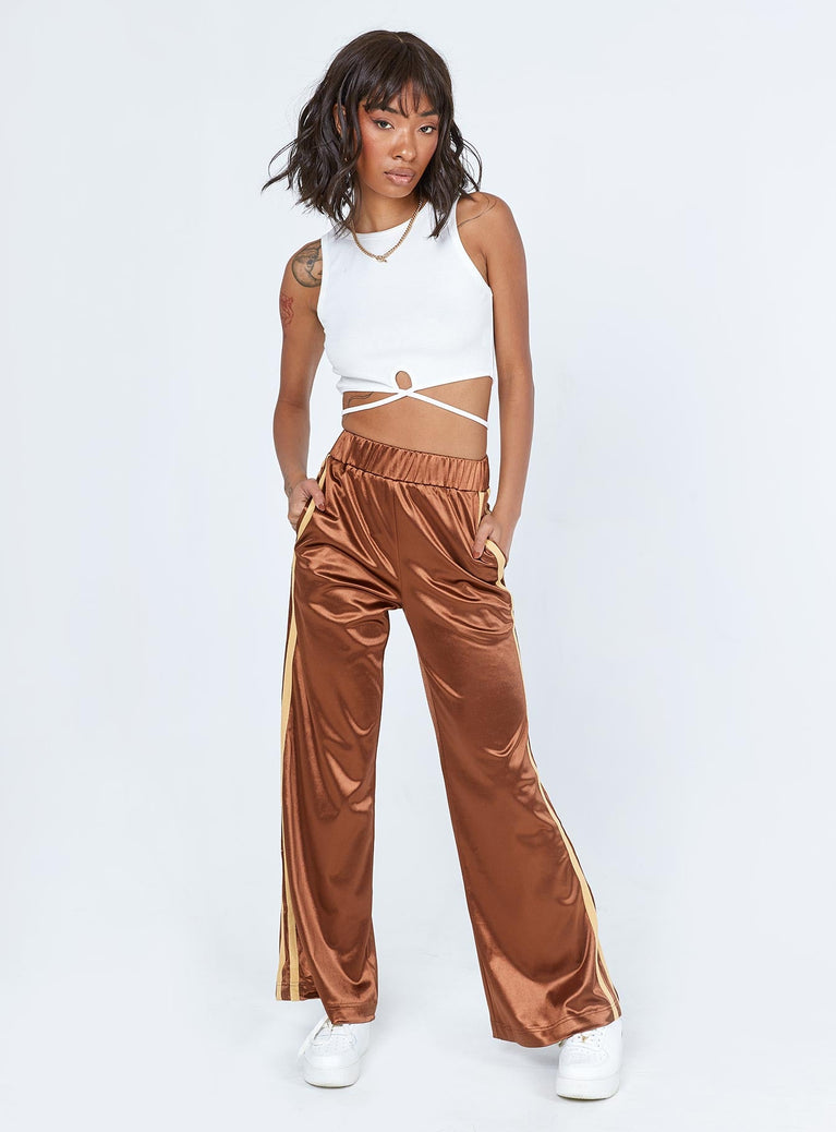 front view of model wearing Princess Polly Dave Trackpants Brown 