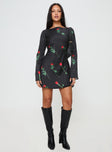 front view of model wearing Princess Polly Heartfelt Long Sleeve Mini Dress Black Boat Neck 