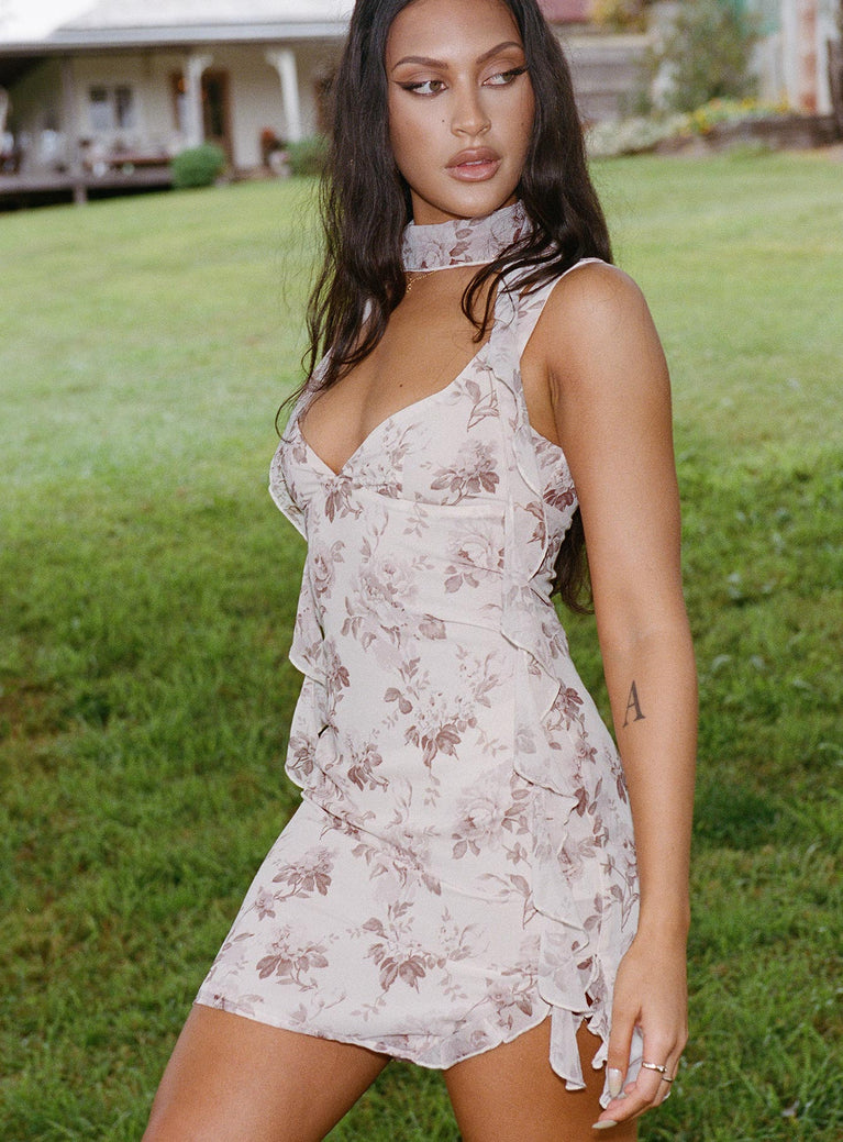 Front view of model wearing  front Princess Polly Sweetheart Neckline  Big Dreams Floral Scarf Mini Dress Cream