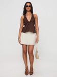 front view of model wearing Princess Polly Gadot Halter Top Brown Sleeveless Plunger 