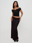   side view of model wearing Princess Polly Donabella Mesh Maxi Skirt Black / Red Maxi 