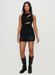 front view of model wearing Princess Polly Ablaze Cut Out Top Black Sleeveless High Neck 