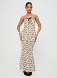 Front view of model wearing  front Princess Polly Sweetheart Neckline  Illuminating Maxi Dress Beige Floral