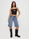 front view of model wearing Princess Polly Kurt Denim Culottes Acid Wash High Waisted Shorts 