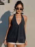 front view of model wearing Princess Polly Hills Halter Washed Black Sleeveless Plunger 