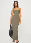 front view of model wearing Princess Polly Montwood Maxi Dress Beige Scoop Neck 