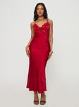 front view of model wearing Princess Polly Treasure Bias Cut Maxi Dress Red V-Neck 