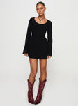 front view of model wearing Princess Polly Best Interest Long Sleeve Mini Dress Black Scoop Neck 