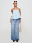 front view of model wearing Princess Polly Trapeze Strapless Top Blue Sleeveless Square Neck 