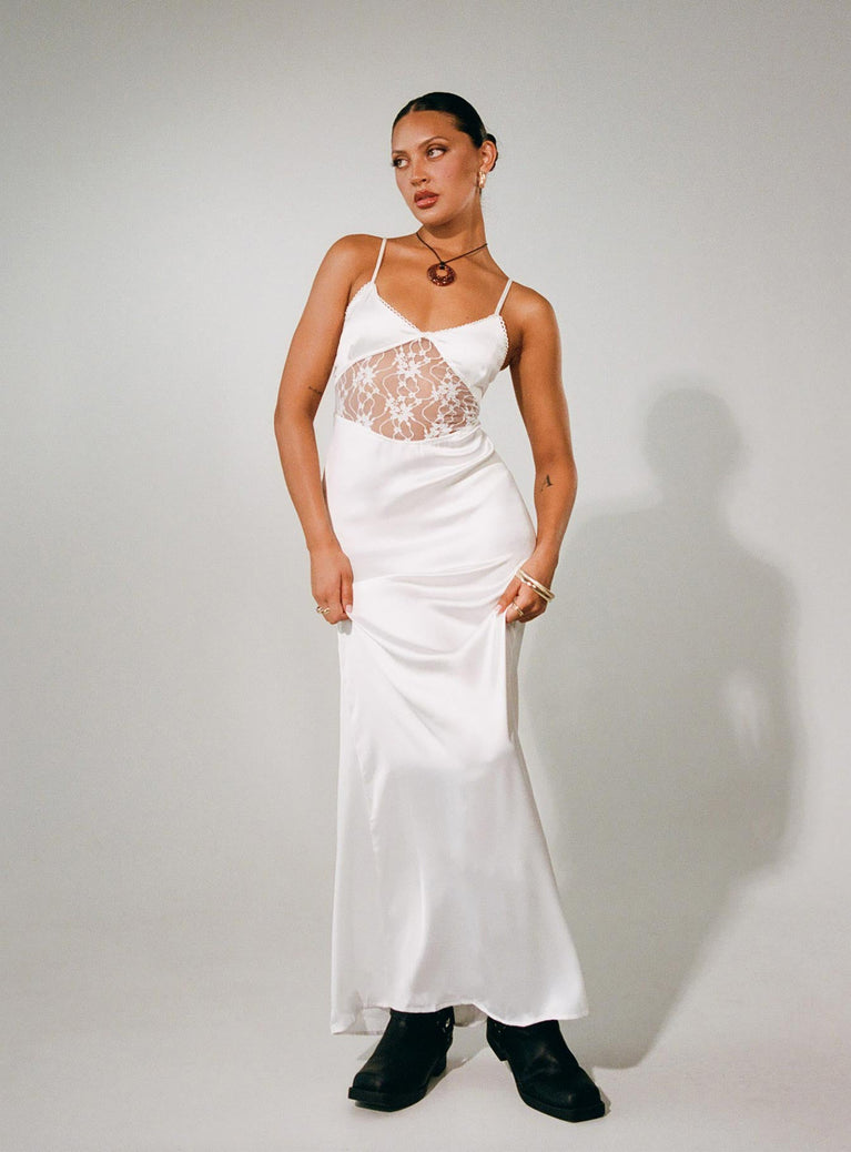 front view of model wearing Princess Polly Roselle Maxi Dress White V-Neck 