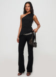 front view of model wearing Princess Polly Vulnerable One Shoulder Top Black Sleeveless Asymmetric Neckline 