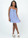 Front view of model wearing  front Princess Polly High Neck  Fayette Mini Dress Blue