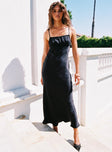 front view of model wearing Princess Polly Estrellas Lace Maxi Dress Black Square Neck 