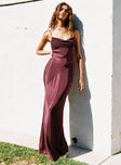 side view of model wearing Princess Polly Sugarina Lace Maxi Dress Wine Cowl Neck 