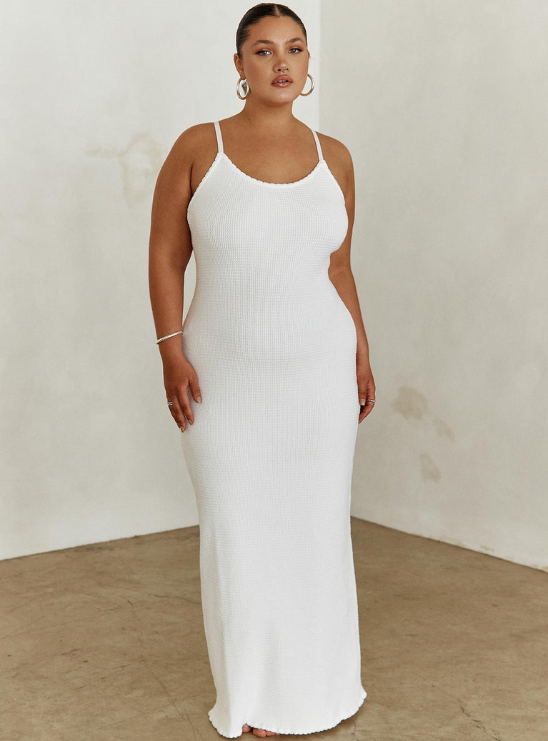 front view of model wearing Princess Polly Kattan Maxi Dress White Curve Scoop Neck 