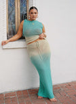 front view of model wearing Princess Polly Auralia Asymmetric Knit Top Blue / Cream Curve Sleeveless Crew Neck 