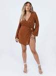 front view of model wearing Princess Polly Karley Wrap Mini Dress Brown 