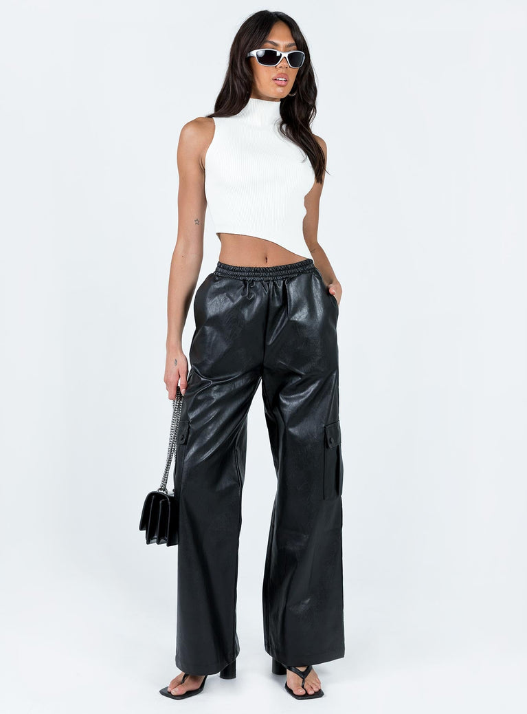 Front view of model wearing  front Princess Polly  Lista Faux Leather Elastic Pocket Pants Black