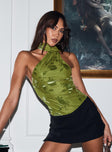 front view of model wearing Princess Polly Frostbloom Scarf Neck Bodysuit Green Sleeveless 