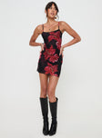 front view of model wearing Princess Polly Kellers Mini Dress Black / Floral Square Neck 