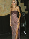 front view of model wearing Princess Polly Raidein Strapless Maxi Dress Leopard Straight Neck 