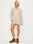 front view of model wearing Princess Polly Cardi Long Sleeve Mini Dress Cream V-Neck 