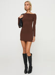 side view of model wearing Princess Polly Kataline Long Sleeve Mini Dress Chocolate Asymmetric Neckline 