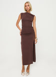 front view of model wearing Princess Polly Original Sin Dress Midi Dress Chocolate Asymmetric Neckline 