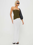 Strapless top Elasticated band at bust, asymmetric hem, split at side Good stretch, unlined 