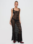 front view of model wearing Princess Polly Zhara Lace Dress Black Scoop Neck 