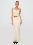   side view of model wearing Princess Polly Jacintha Maxi Skirt Cream Maxi 