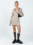 Front view of model wearing  front Princess Polly Scoop Neck  Tiara Long Sleeve Knit Mini Dress Beige