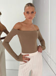 side view of model wearing Princess Polly Weaver Off Shoulder Bodysuit Full Sleeves straight 