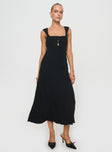 front view of model wearing Princess Polly Chosen Girl Linen Blend Midi Dress Black Square Neck 