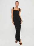 front view of model wearing Princess Polly Bombshell Maxi Dress Black Petite Square Neck 