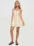 front view of model wearing Princess Polly Elian Linen Blend Mini Dress Cream / Multi Square Neck 