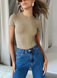 front view of model wearing Princess Polly Rover Bodysuit Brown Short Sleeves Crew Neck 