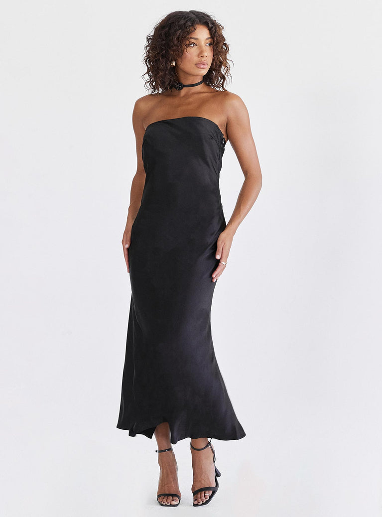 Front view of model wearing  front Princess Polly Asymmetric Neckline  Haley Maxi Dress Black