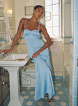 front view of model wearing Princess Polly Navagio Maxi Dress Blue Sweetheart Neckline 