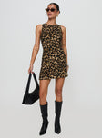 front view of model wearing Princess Polly Vivre Mini Dress Leopard Crew Neck 