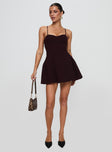 front view of model wearing Princess Polly Abdul Mini Dress Wine Sweetheart Neckline 