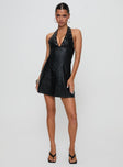 front view of model wearing Princess Polly Hit Different Faux Leather Mini Dress Black Plunger 