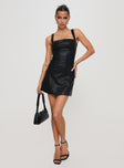 side view of model wearing Princess Polly Kameryn Mini Dress Black Square Neck 