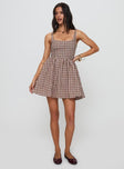 front view of model wearing Princess Polly Cartmel Mini Dress Brown / Pink Square Neck 