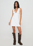 front view of model wearing Princess Polly Abagail Embroidered Mini Dress White Plunger 